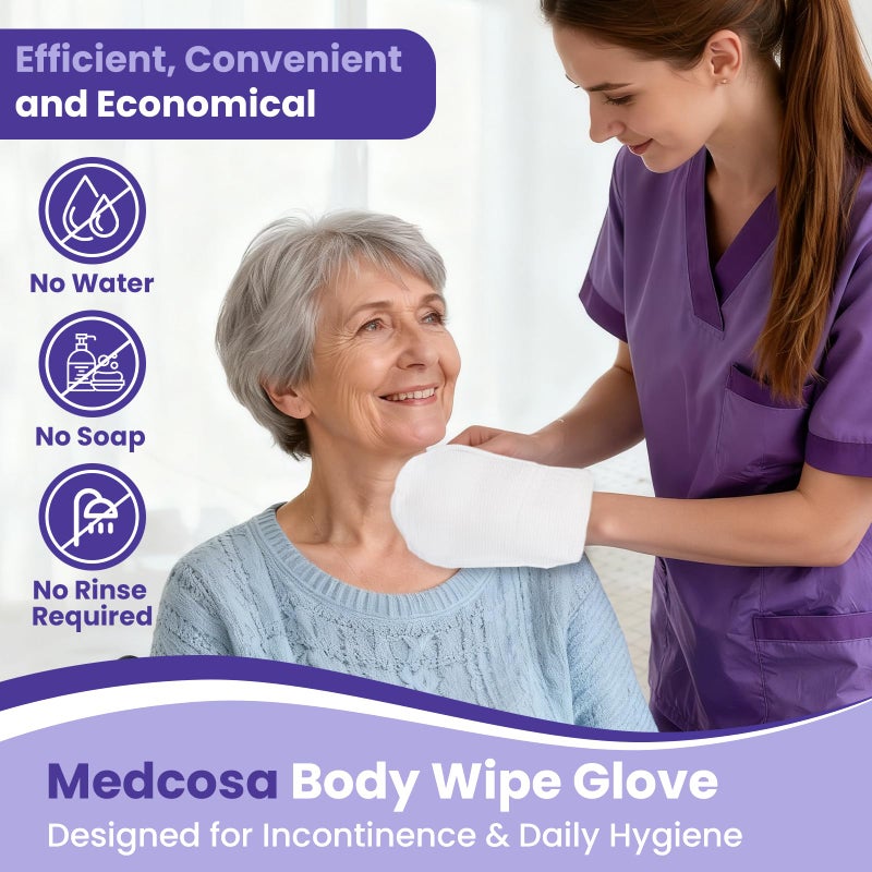 Medcosa مناديل ميدكوزا للبالغين - مناديل جسم قابلة للتخلص منها على شكل قفاز - بدون رائحة، مناديل مبللة مسبقًا - عبوة تحتوي على 10 مناديل - Image 2